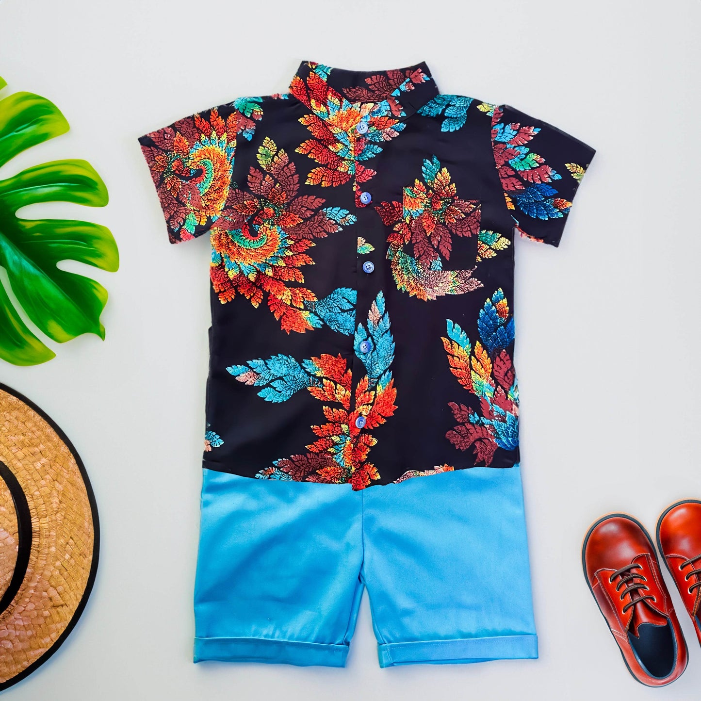 Kids' Summer Fun Set: Button-Up Shirt with Colorful Print and Cool Cyan Shorts - IRRAKIDS