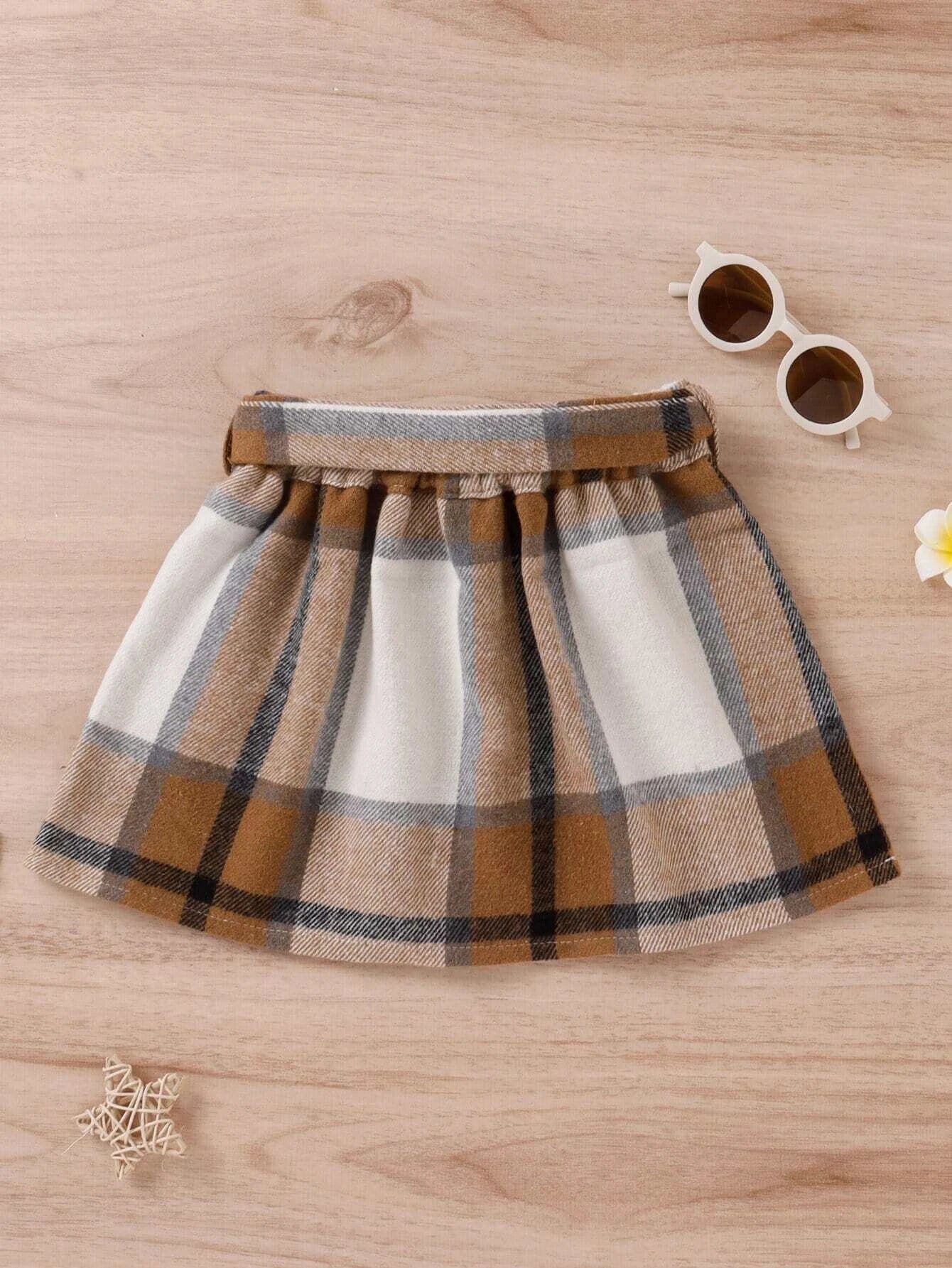 Checkered Charm: Girls' Belted Wool-Blend Skirt