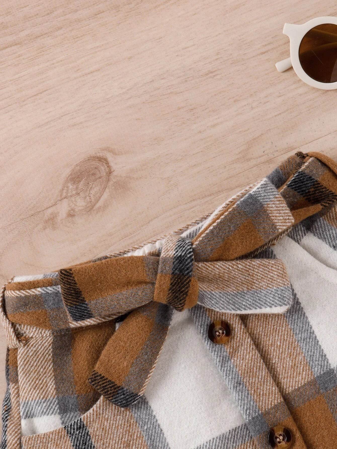 Checkered Charm: Girls' Belted Wool-Blend Skirt - IRRAKIDS