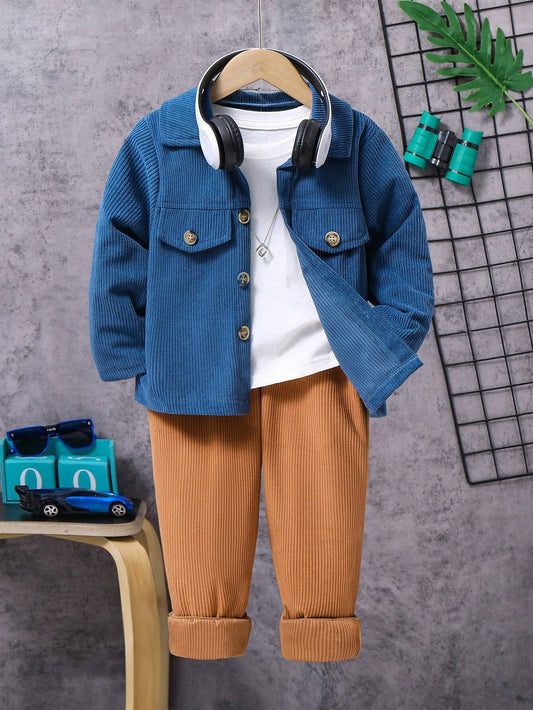2 pieces Boys' Corduroy Jacket And Pants Set With Flap Detail