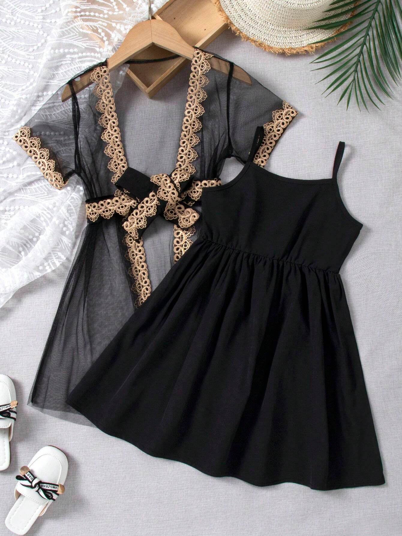 Lace Dreams: A Young Girl's Perspective Mesh Jacket and Slip Dress Ensemble - IRRAKIDS