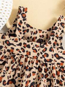 100% Cotton Two Piece Leopard Square Neck Sleeveless Bowknot Dress with Hat Set