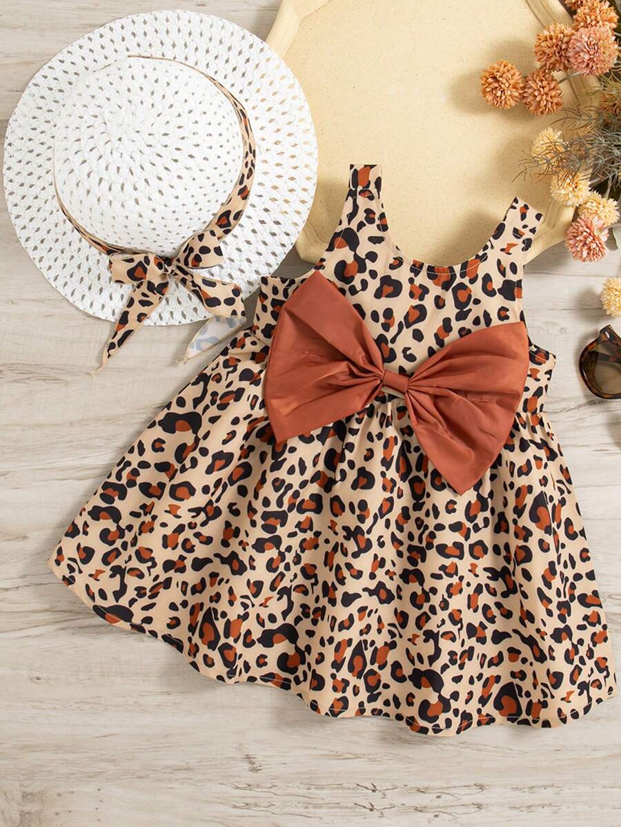 100% Cotton Two Piece Leopard Square Neck Sleeveless Bowknot Dress with Hat Set