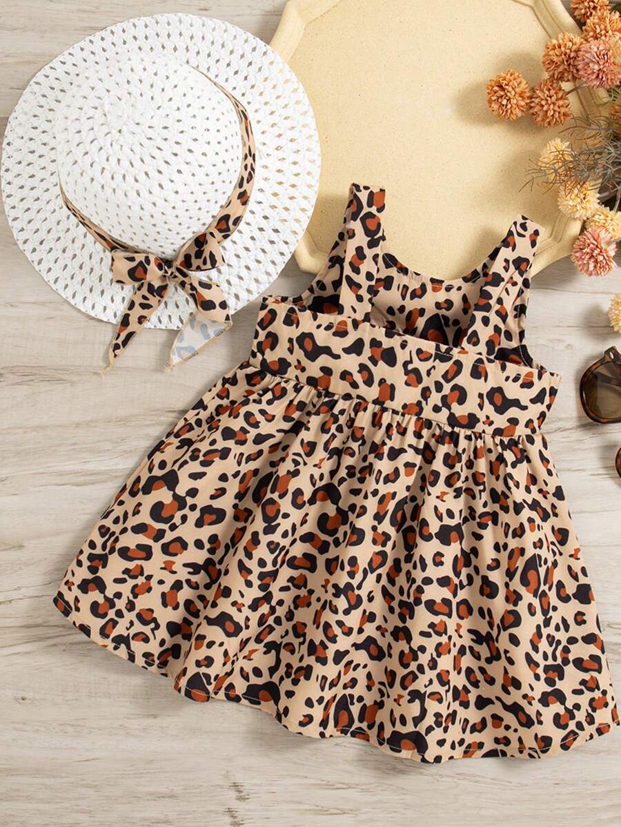 100% Cotton Two Piece Leopard Square Neck Sleeveless Bowknot Dress with Hat Set