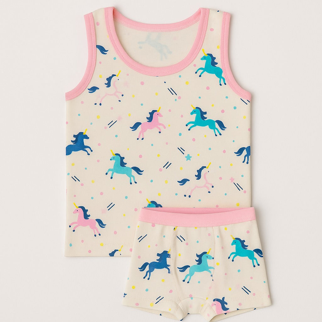 Girls' Unicorn Print Sleeveless Bodysuit with Shorts - Soft and Comfortable Cotton