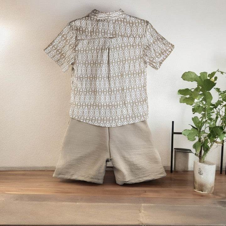 White & Brown Patterned Top with Brown Shorts Set for Kids - IRRAKIDS