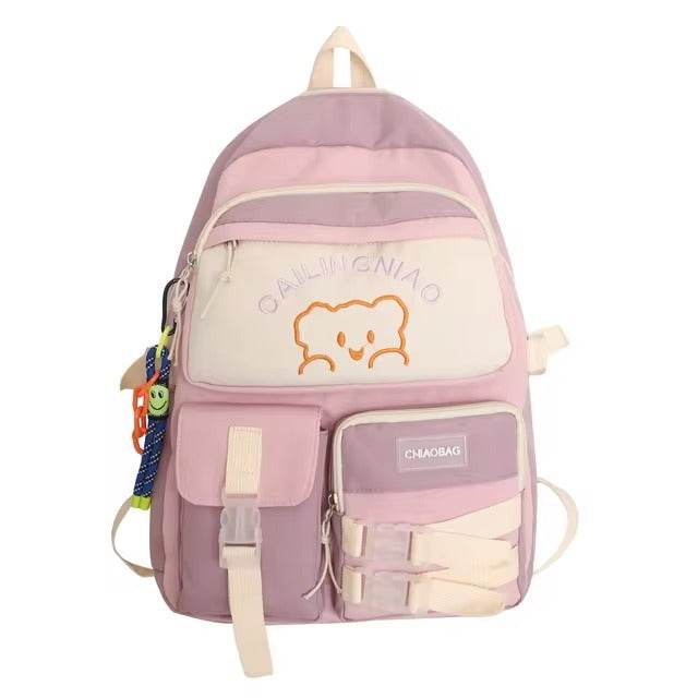Korean Style Multi-Pocket Backpacks for Girls and boys, Embroidered Bear Waterproof School Bags - IRRAKIDS