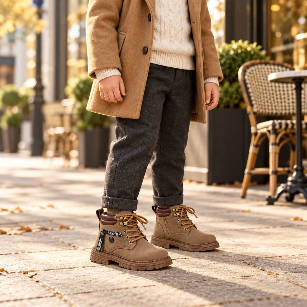 Kids’ Ankle Boots with Lace-Up Front, Side Zip, Padded Collar and Chunky Sole – Stylish Suede-Look Boots in Black, Camel and kaki for Autumn and Winter Outfits