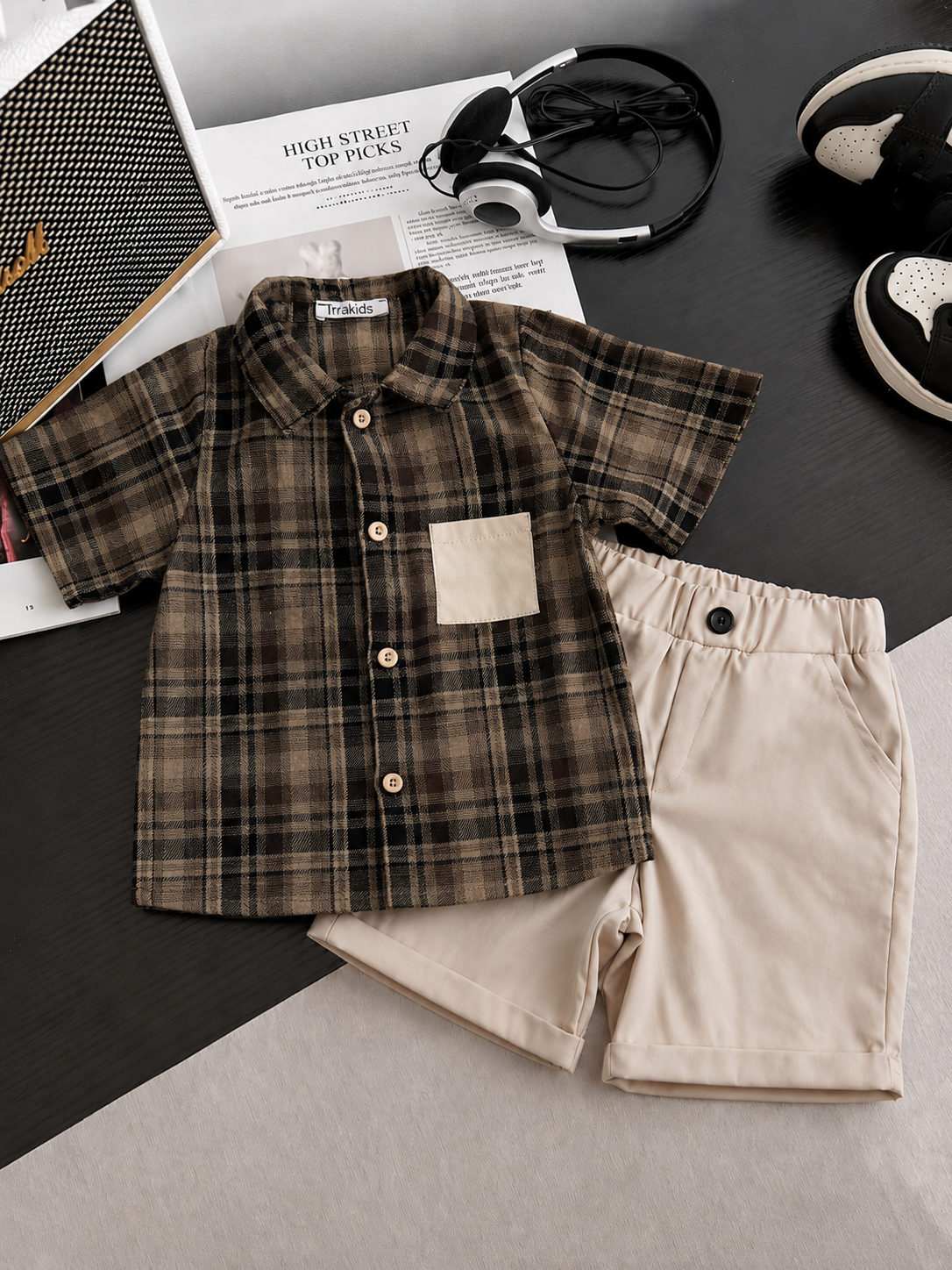 Ensemble d'été 2 pièces pour garçons – Chemise à carreaux et short beige
