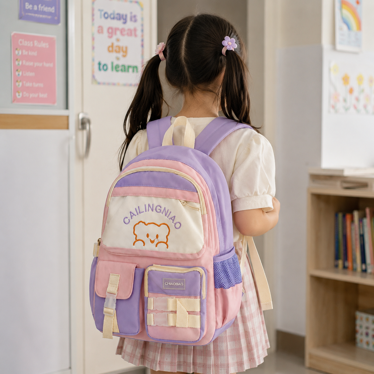 Kids Pastel Bear School Backpack – Multi-Pocket Cute & Practical Design
