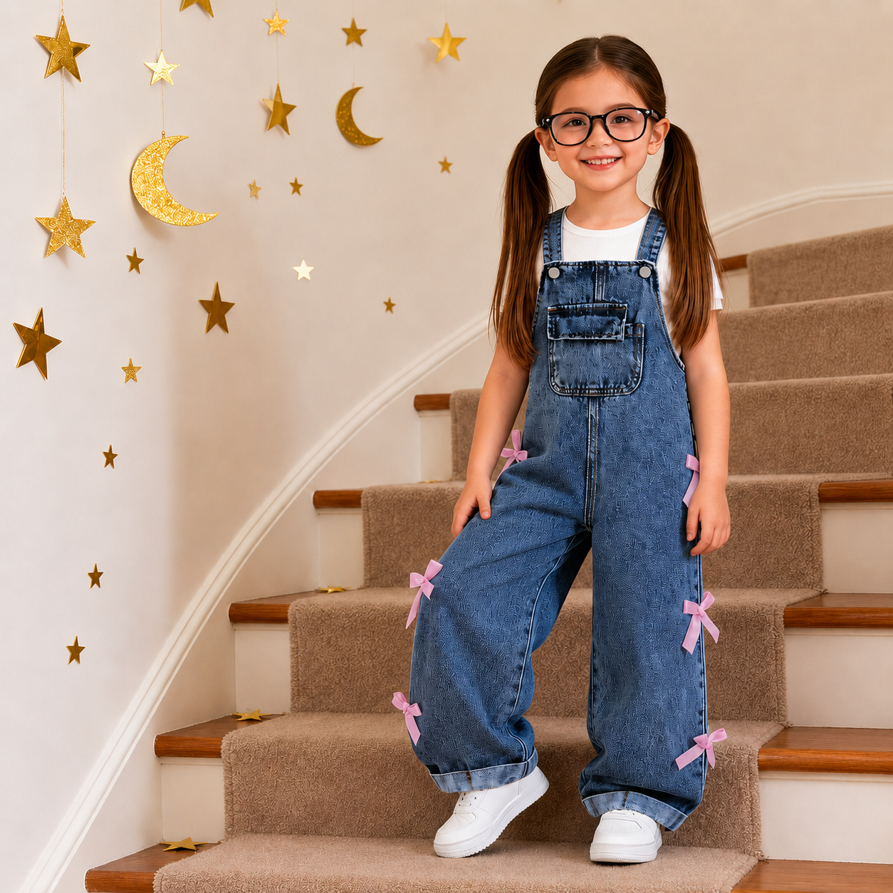 Ensemble 2 pièces salopette en jean avec t-shirt blanc et nœud pour fille