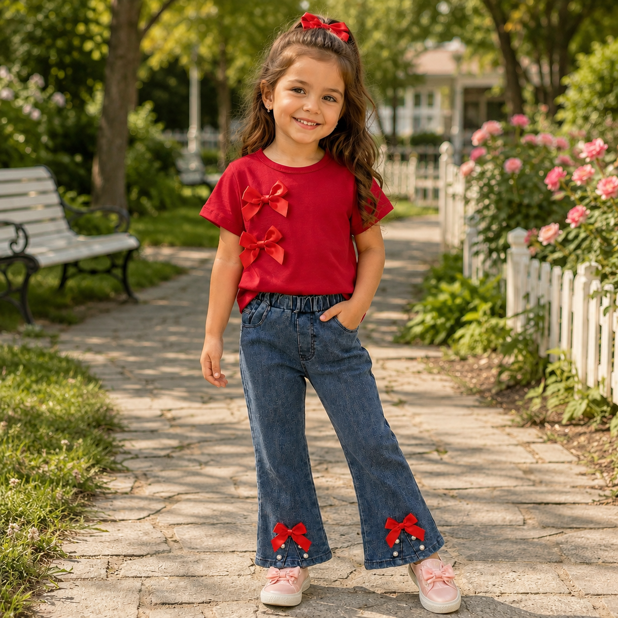 Elegant Girls Red Bow Top & Denim Jeans Set – Stylish Outfit for Little Girls