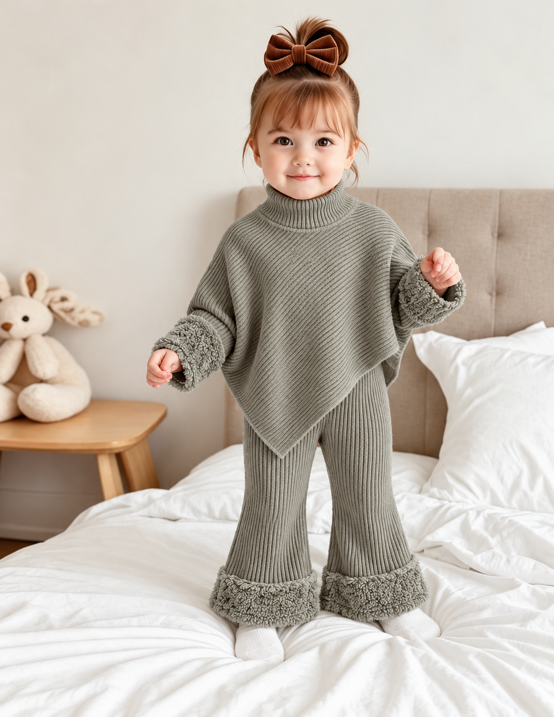 Ensemble d’hiver douillet en maille côtelée pour filles – Pull doux à col montant & pantalon évasé avec bordure en fausse fourrure pelucheuse
