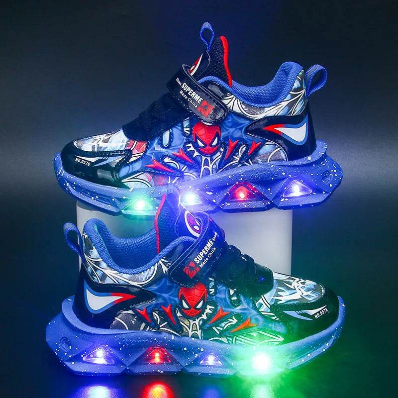 Kids' Cartoon LED Light-Up Sneakers: Red & Blue PU Leather Casual Sports Shoes - Sizes 21-35 - IRRAKIDS