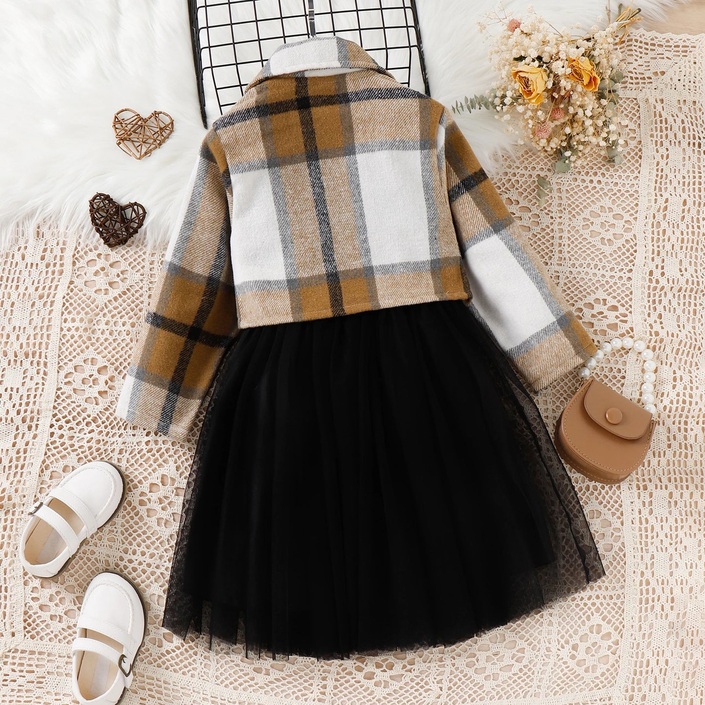 Springtime Chic: Black Sleeveless Dress with Plaid Coat - Toddler Fashion 2024