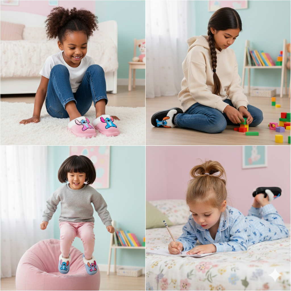 Kids' Stitch Slippers: Warm Faux-Fur, No-Slip Sole, Heel Strap