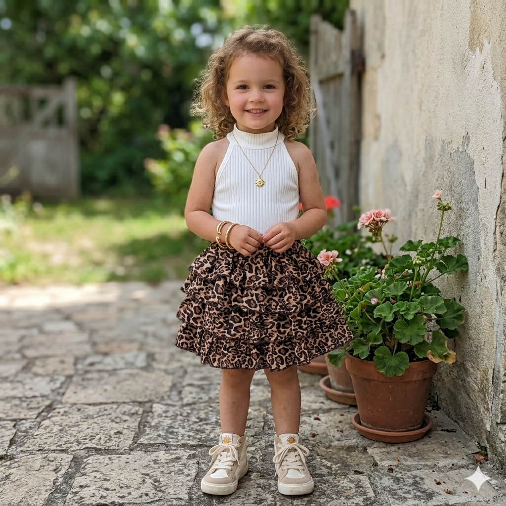 Tenue enfant à imprimé léopard vintage – Ensemble 3 pièces sans manches en coton