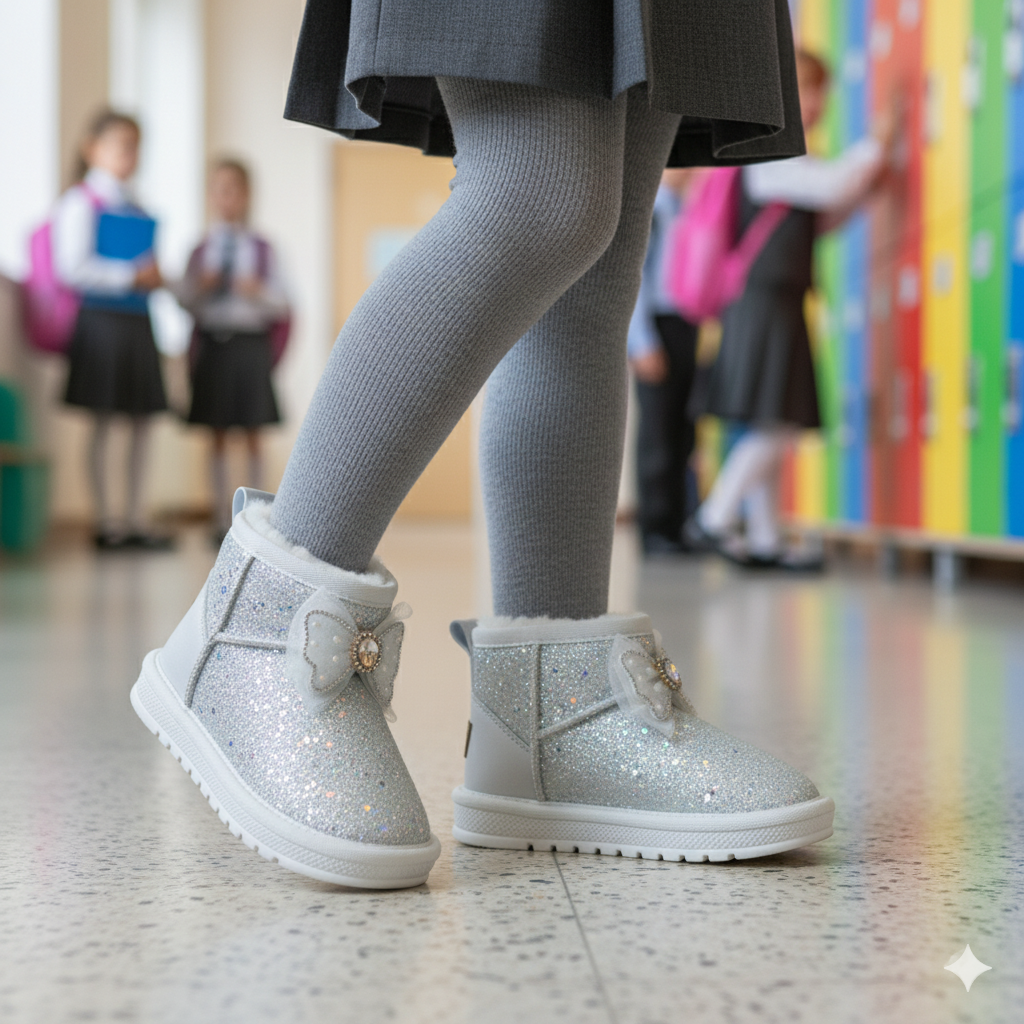 Girls' Glitter Bow Boots, Plush-Lined Warmth + Traction