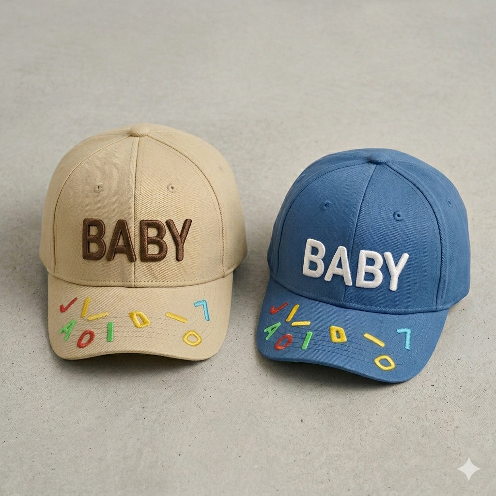 Boys’ “BABY” Cotton Summer Outfit Set with Matching Cap – Available in Blue & Beige