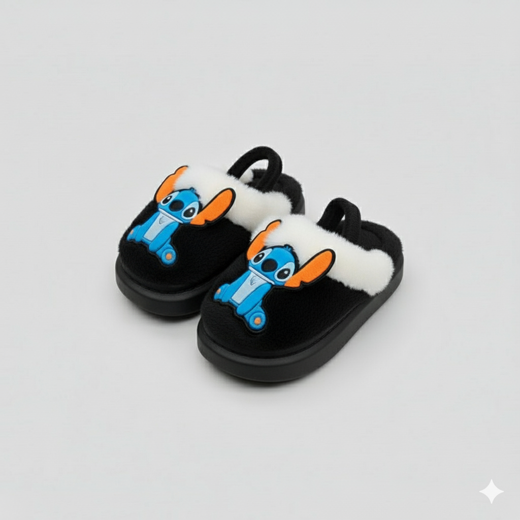 Kids' Stitch Slippers: Warm Faux-Fur, No-Slip Sole, Heel Strap