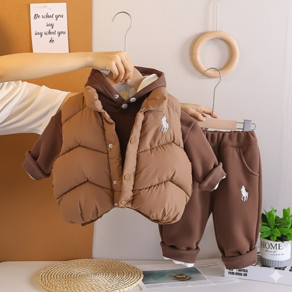 Ensemble sweat-shirt à capuche d'hiver pour enfants, nouveau style, vêtements d'hiver pour bébé garçon, plus gilet épais en velours, ensemble trois pièces