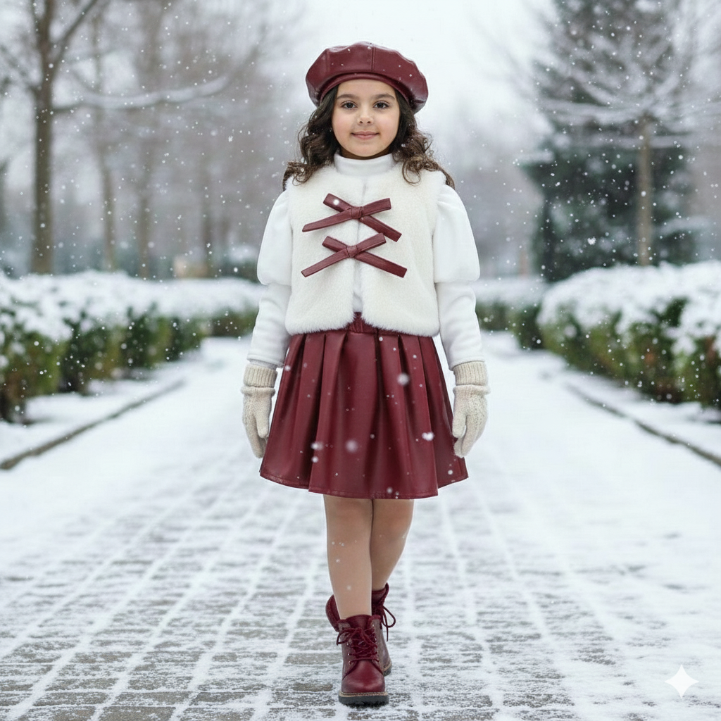 Ensemble d'hiver élégant pour fille : gilet en fausse fourrure, haut à manches bouffantes, jupe plissée et béret assorti