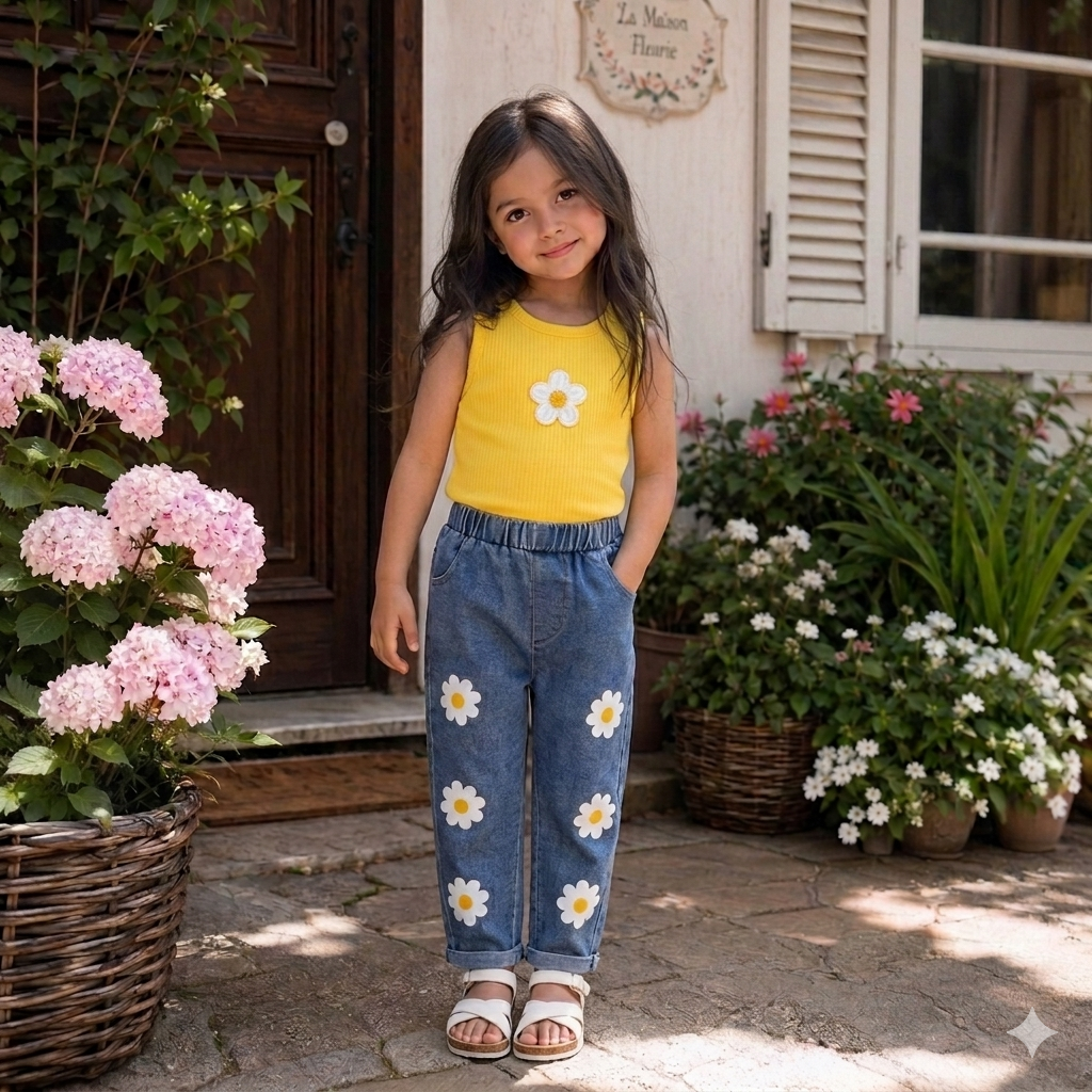 Ensemble Sunny Daisy pour filles – Haut sans manches et pantalon en jean fleuri