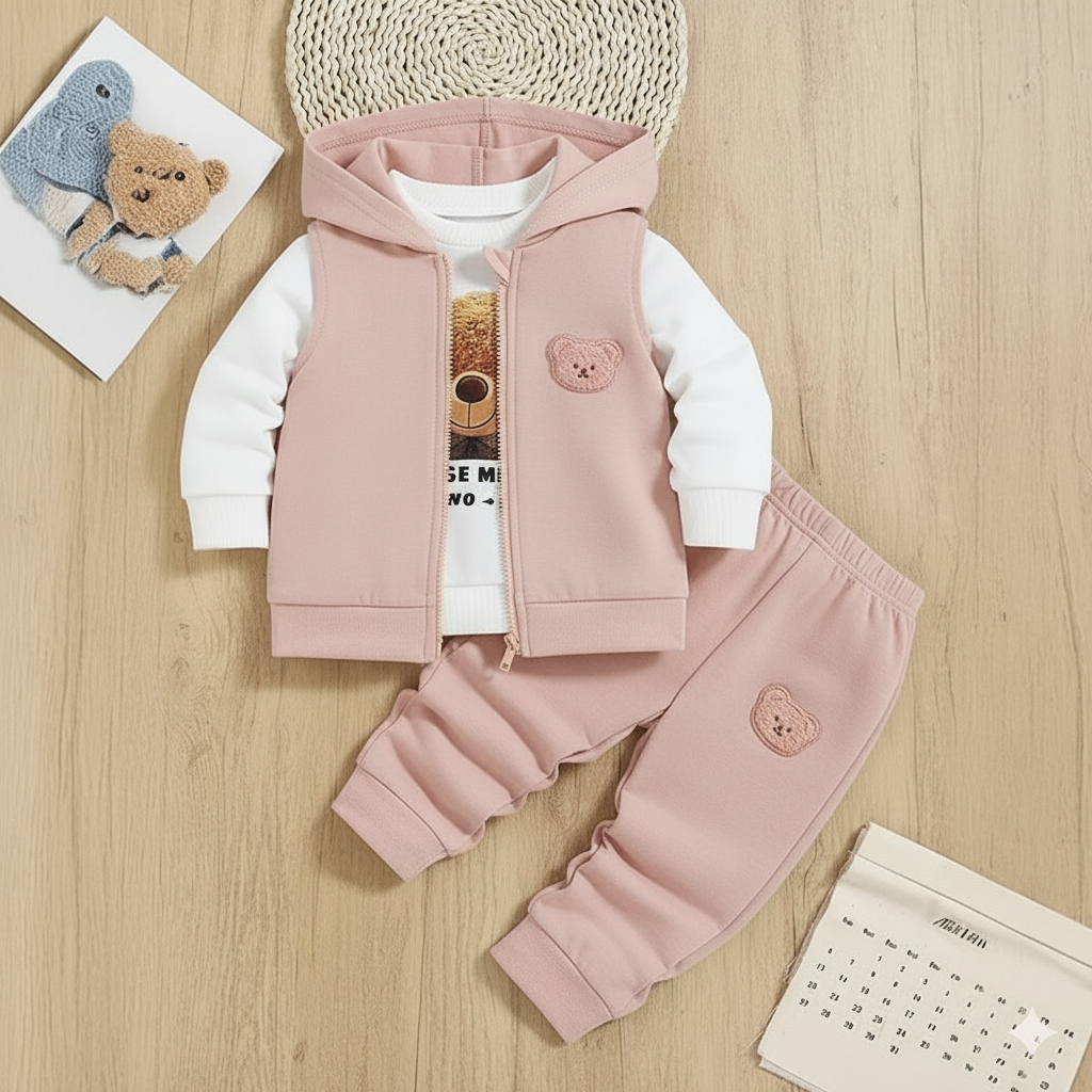 Ensemble 3 pièces pour garçon et fille : un t-shirt avec imprimé ours, un sweat à capuche et un pantalon de sport.Ensemble 3 pièces pour garçon et fille : un t-shirt avec imprimé ours, un sweat à capuche et un pantalon de sport.