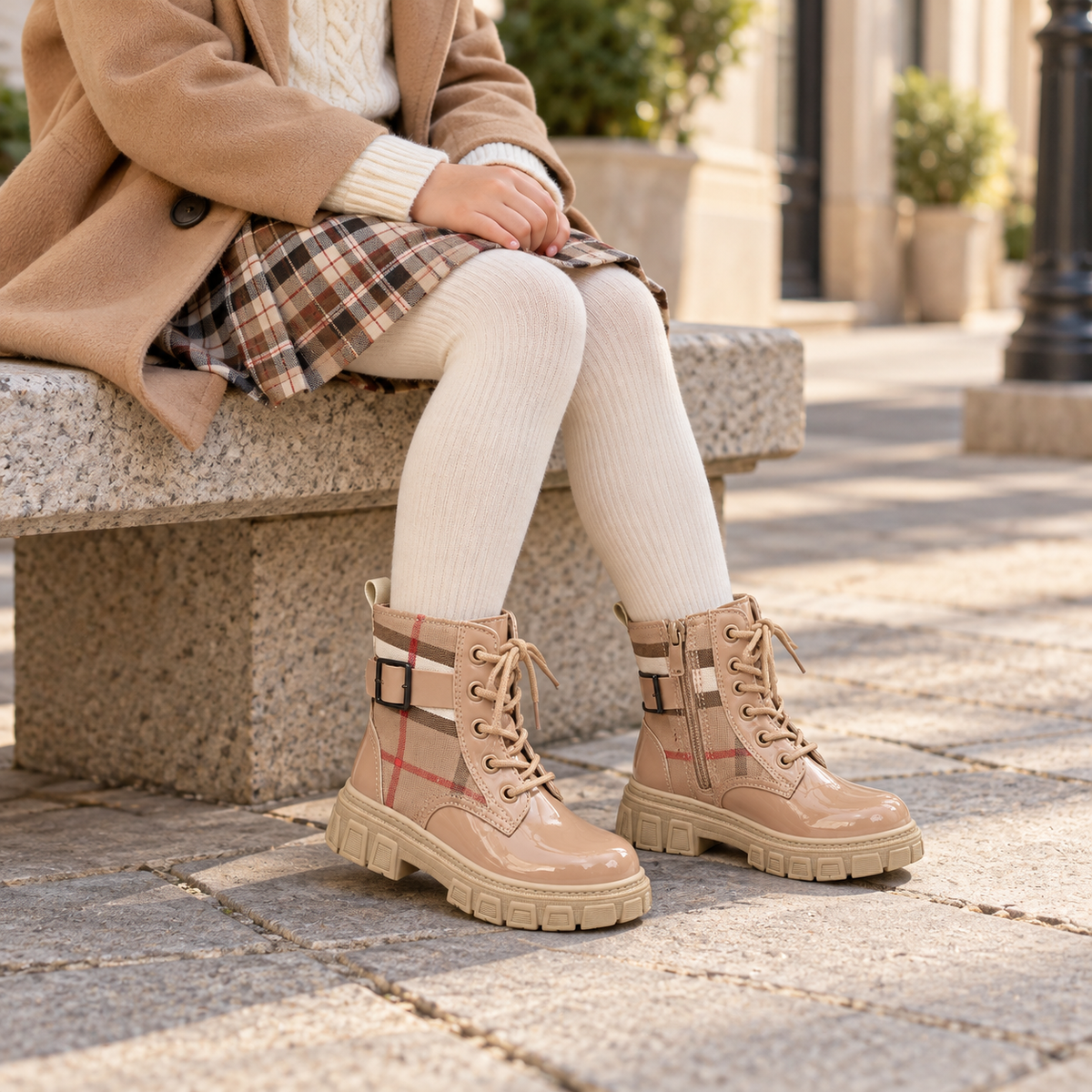 Girls’ Stylish Plaid Ankle Boots with Glossy Finish, Lace-Up Front, Decorative Buckle and Chunky Sole
