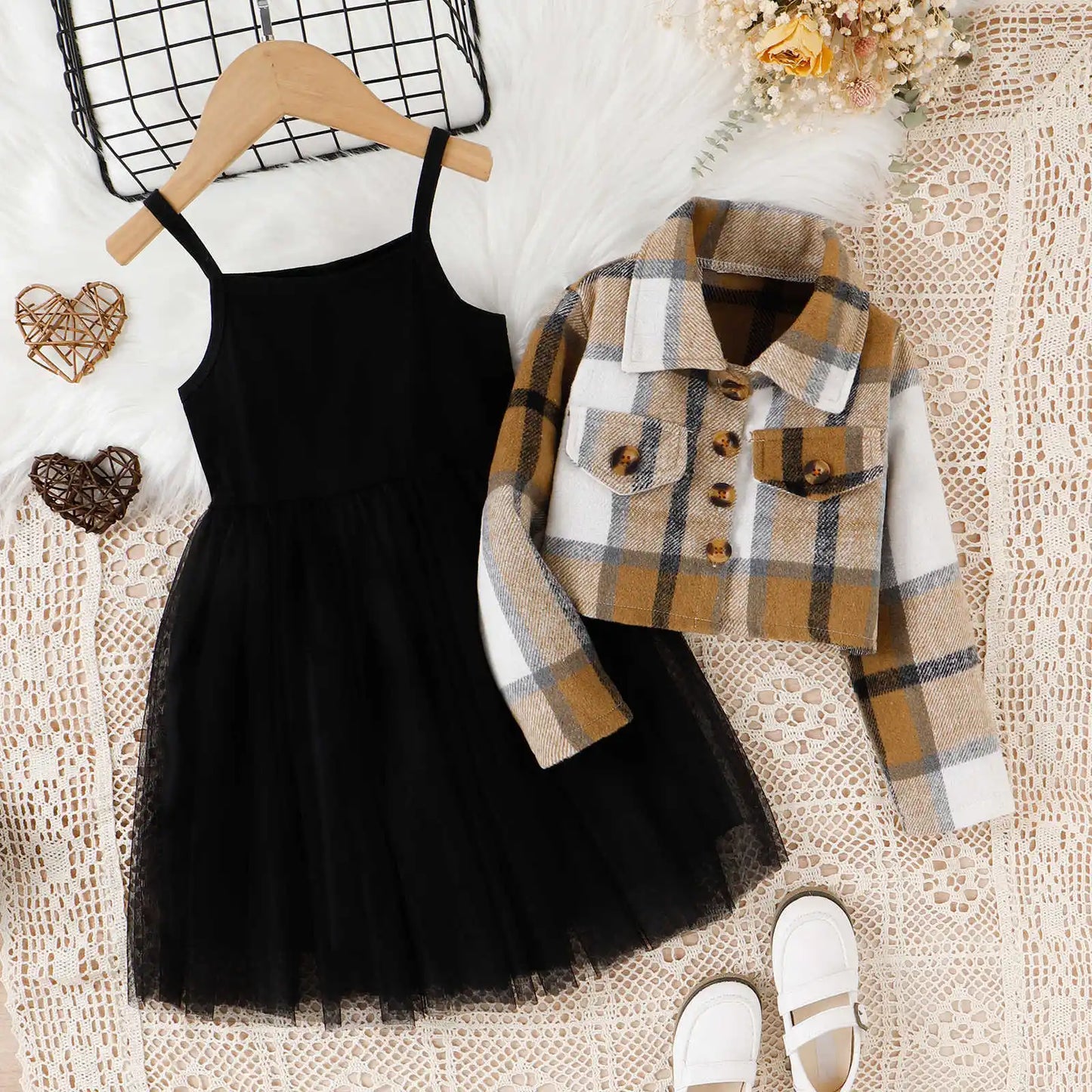 Springtime Chic: Black Sleeveless Dress with Plaid Coat - Toddler Fashion 2024