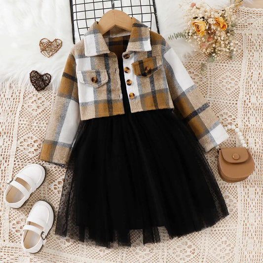 Springtime Chic: Black Sleeveless Dress with Plaid Coat - Toddler Fashion 2024