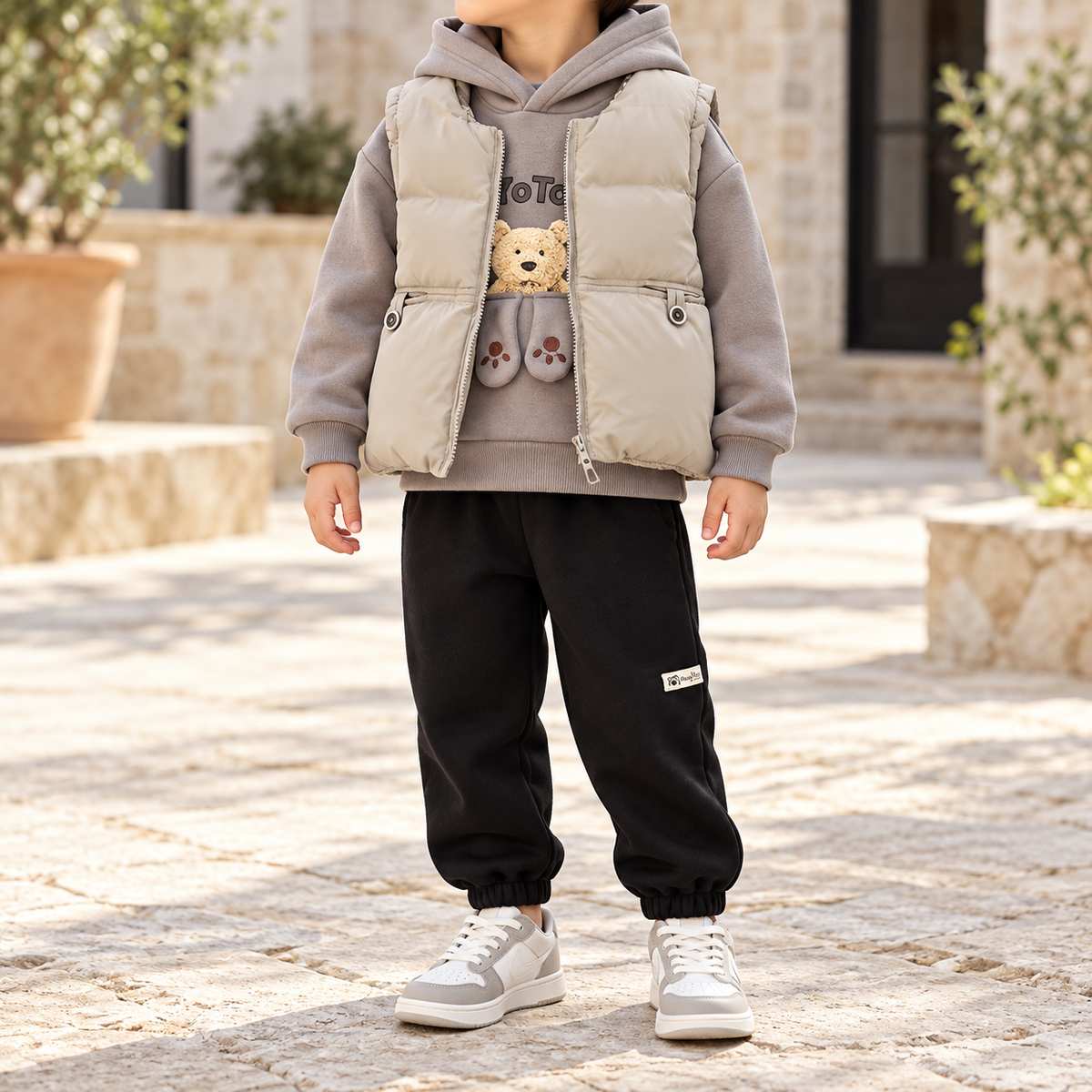 Kids’ Cozy Three-Piece Outfit with Teddy Bear Hooded Sweatshirt, Beige Zip-Up Padded Vest and Black Elastic-Waist Jogger Pants for Everyday Autumn and Winter Style