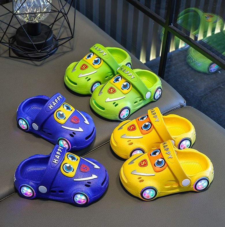 Children's Summer Cartoon Car Slippers – Luminous, Non-Slip, Soft Sole, Closed-Toe Hole Shoes for Boys & Girls