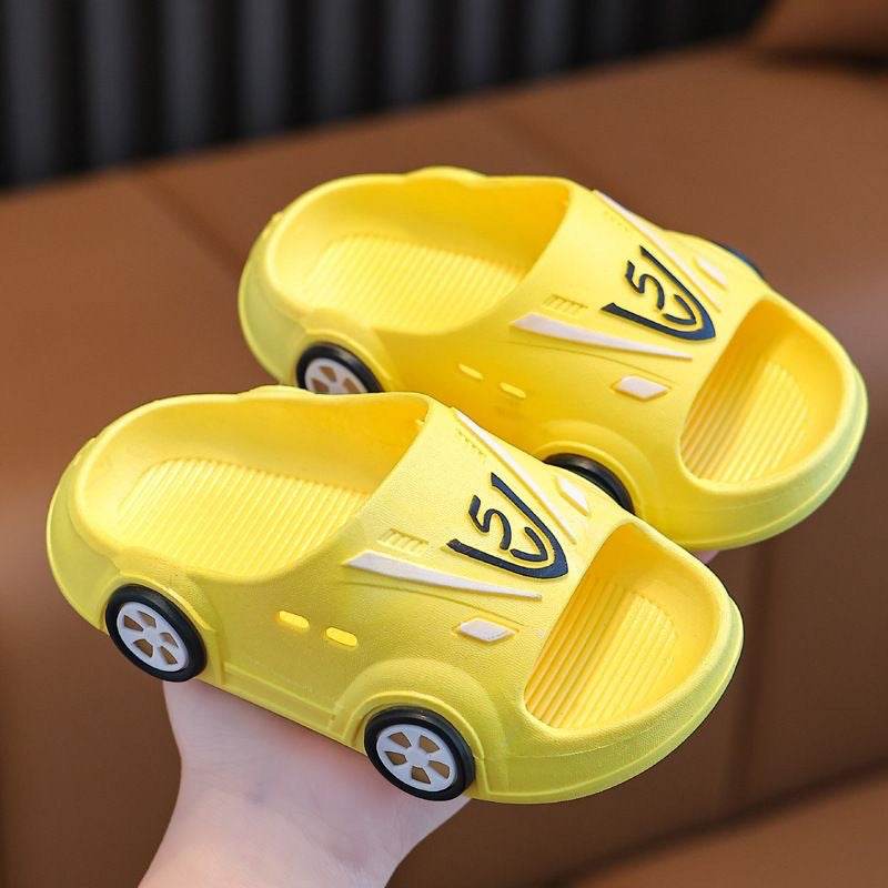 Slippers with a soft, non-slip sole for young children in a cartoon car design with LED lighting - IRRAKIDS