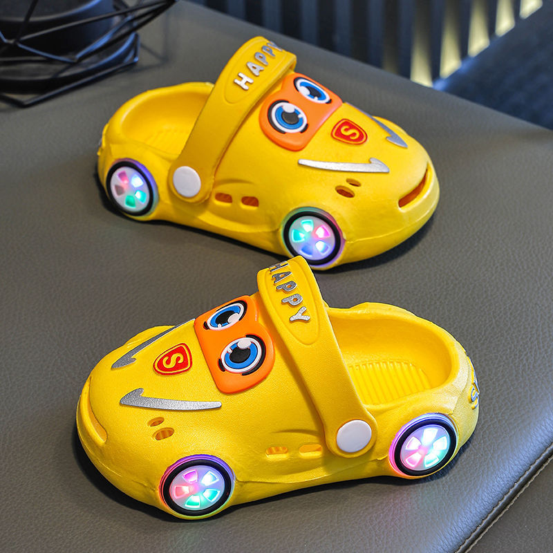 Children's Summer Cartoon Car Slippers – Luminous, Non-Slip, Soft Sole, Closed-Toe Hole Shoes for Boys & Girls
