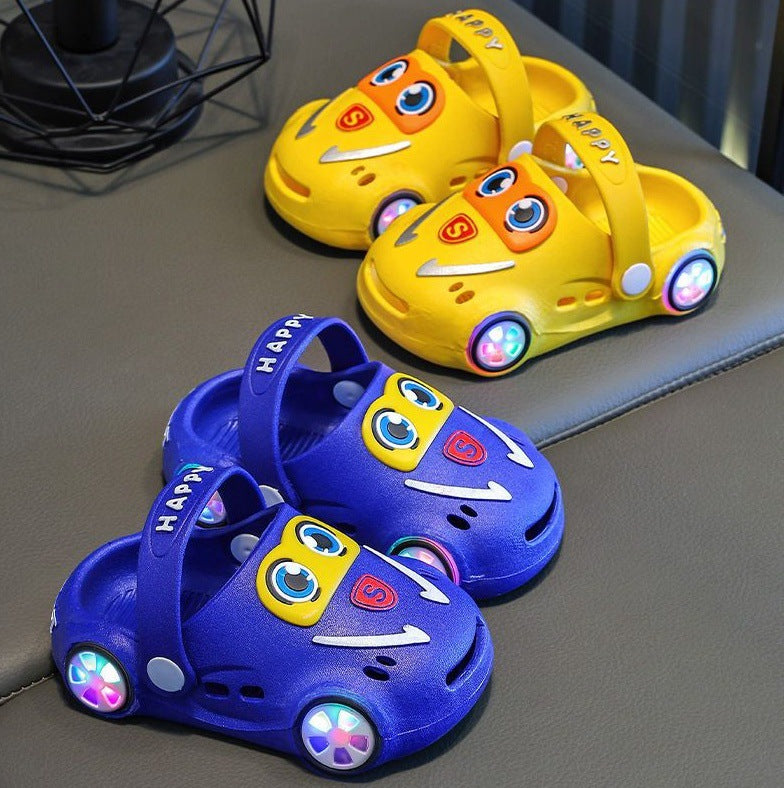 Children's Summer Cartoon Car Slippers – Luminous, Non-Slip, Soft Sole, Closed-Toe Hole Shoes for Boys & Girls