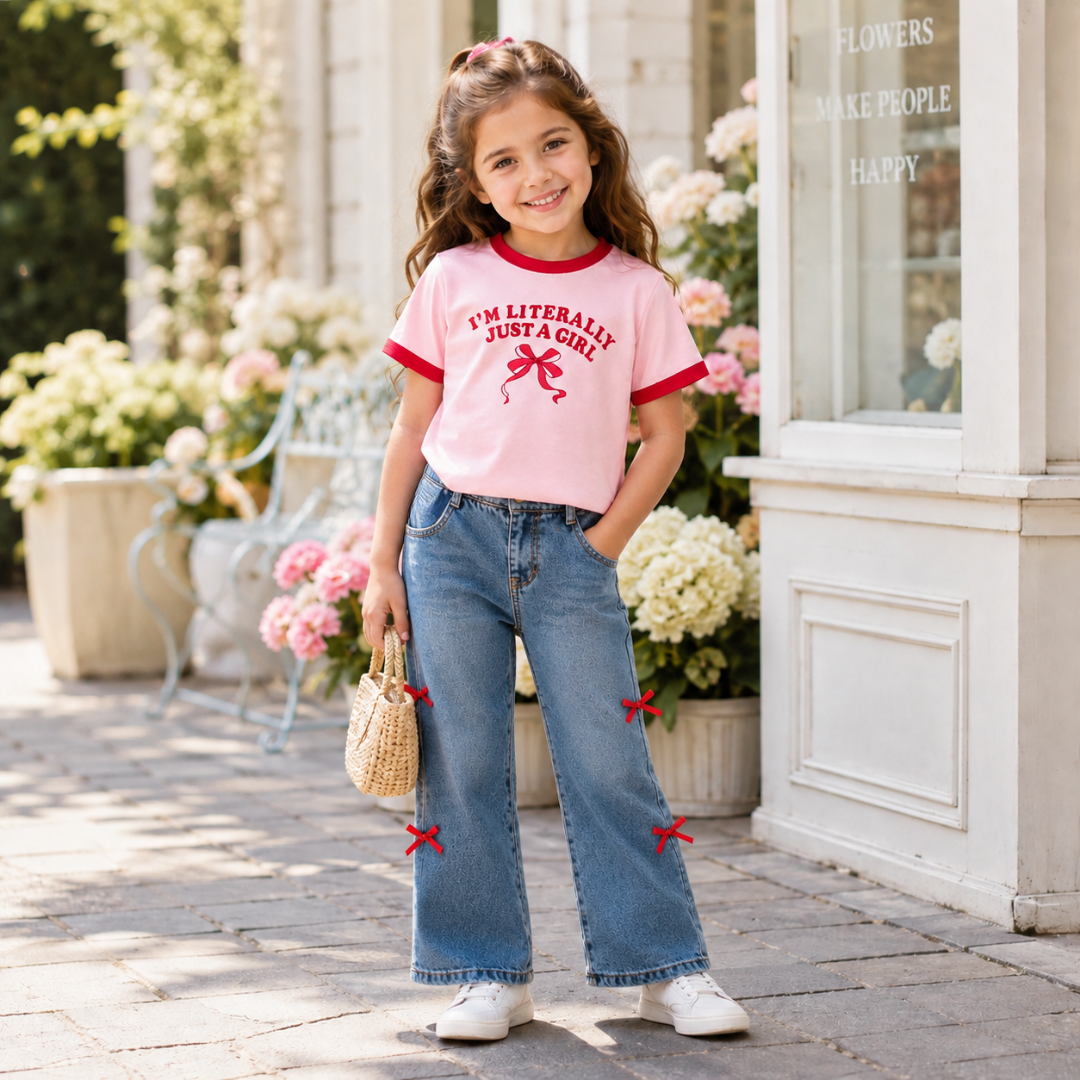 Girls' "I'm Literally Just a Girl" Bow Print T-Shirt & Denim Wide-Leg Jeans Set with Ribbon Details