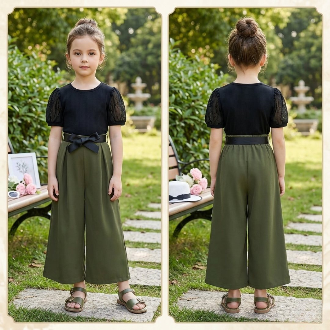Combinaison élégante bicolore pour fille avec manches bouffantes et ceinture à nœud – Noir et Vert Olive