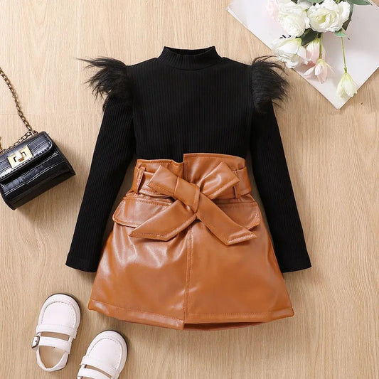 2PCS Little Fashionista's Set: Long Sleeve Fluffy Ribbed Top + PU Leather Skirt with Belt