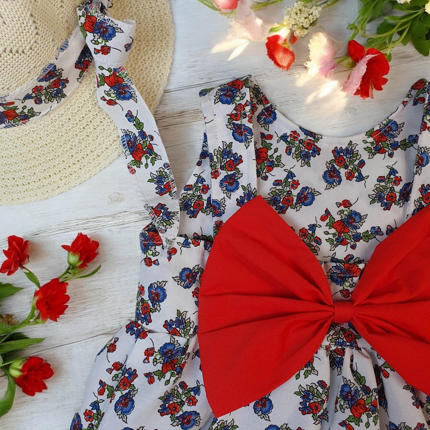 Sweet & Adorable Baby Girl's Flower Print Puffy Cami Dress with Bow & Hat - Toddler's Beach Holiday Outfit - IRRAKIDS