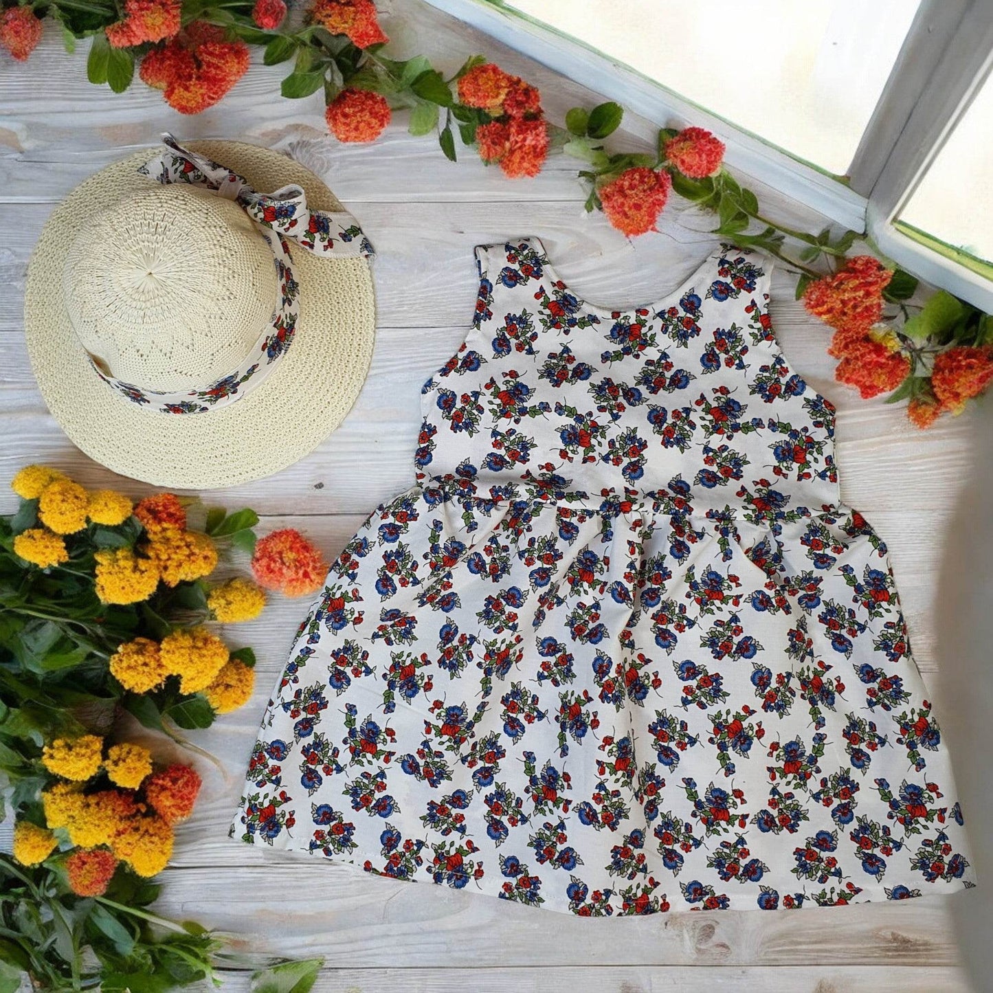 Sweet & Adorable Baby Girl's Flower Print Puffy Cami Dress with Bow & Hat - Toddler's Beach Holiday Outfit - IRRAKIDS