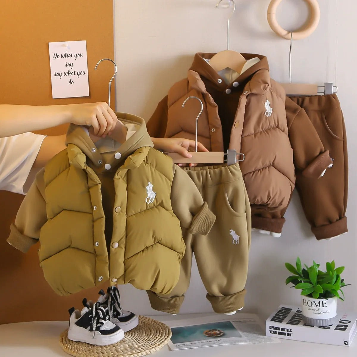 Children's winter hooded sweatshirt suit new style boy baby winter clothing plus velvet thickened vest three-piece set