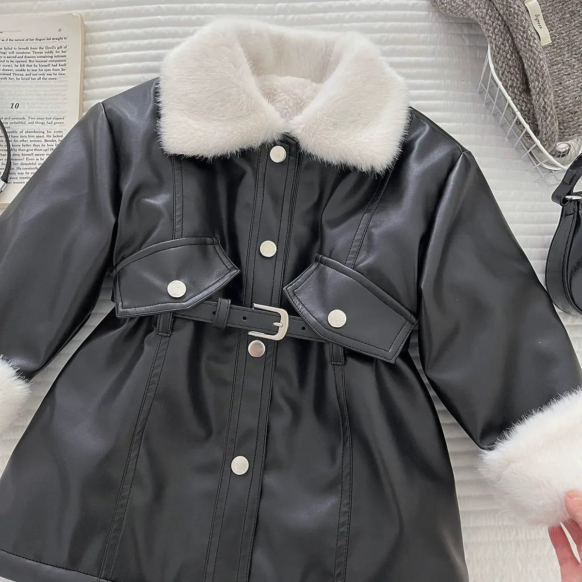 Stylish Girls’ Winter Jacket with Soft Fur Trim & Waist Belt