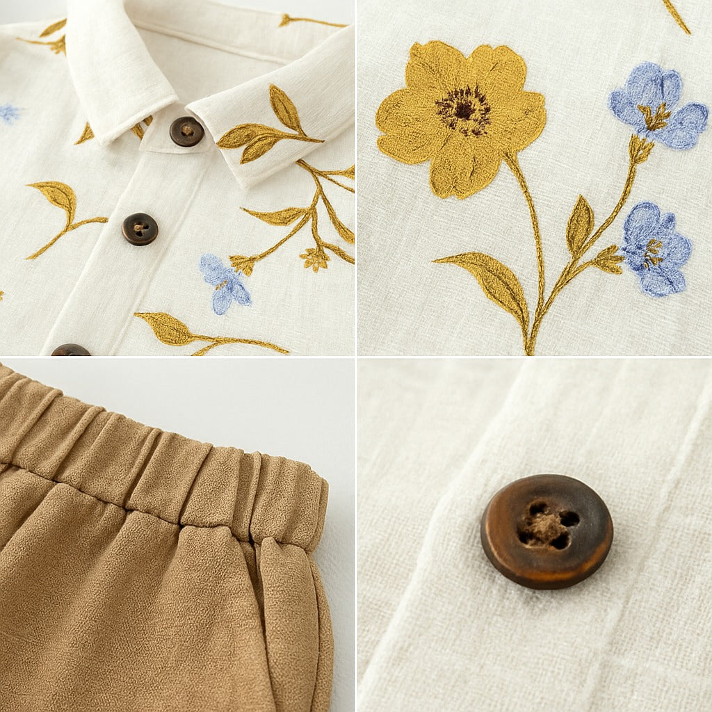 Ensemble chemise fleurie et short crème pour garçon – Léger et élégant