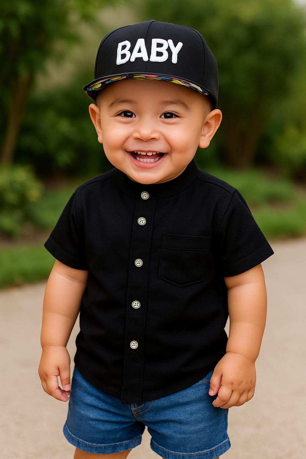 Stylish kids' outfit with a modern design, featuring a button-up shirt and denim shorts – perfect for a comfortable and coordinated look on sunny days!