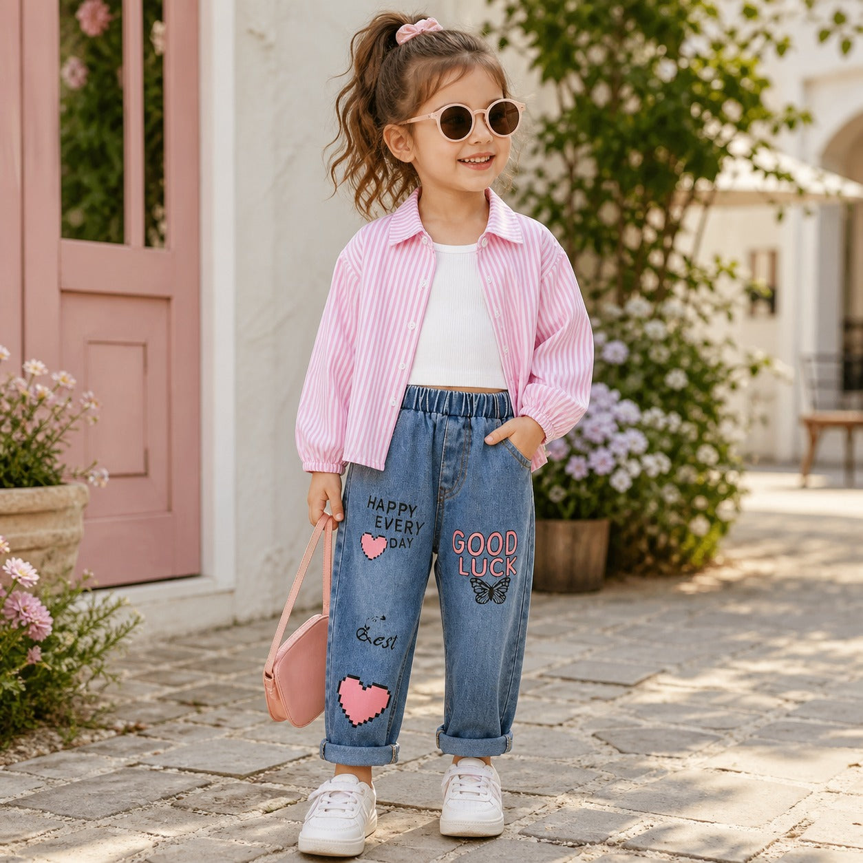 ๐ Stylish 3-Piece Girls Outfit Set โ Pink Striped Shirt, White Top & Trendy Jeans ๐