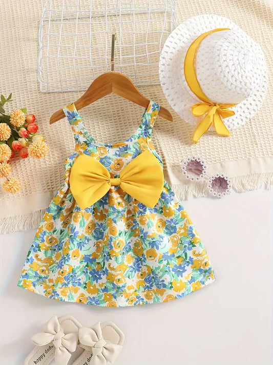 "Charming  Flower Dress & Hat Set – Bowknot Sleeveless Summer/Spring Outfit for Infant & Toddler Girls"