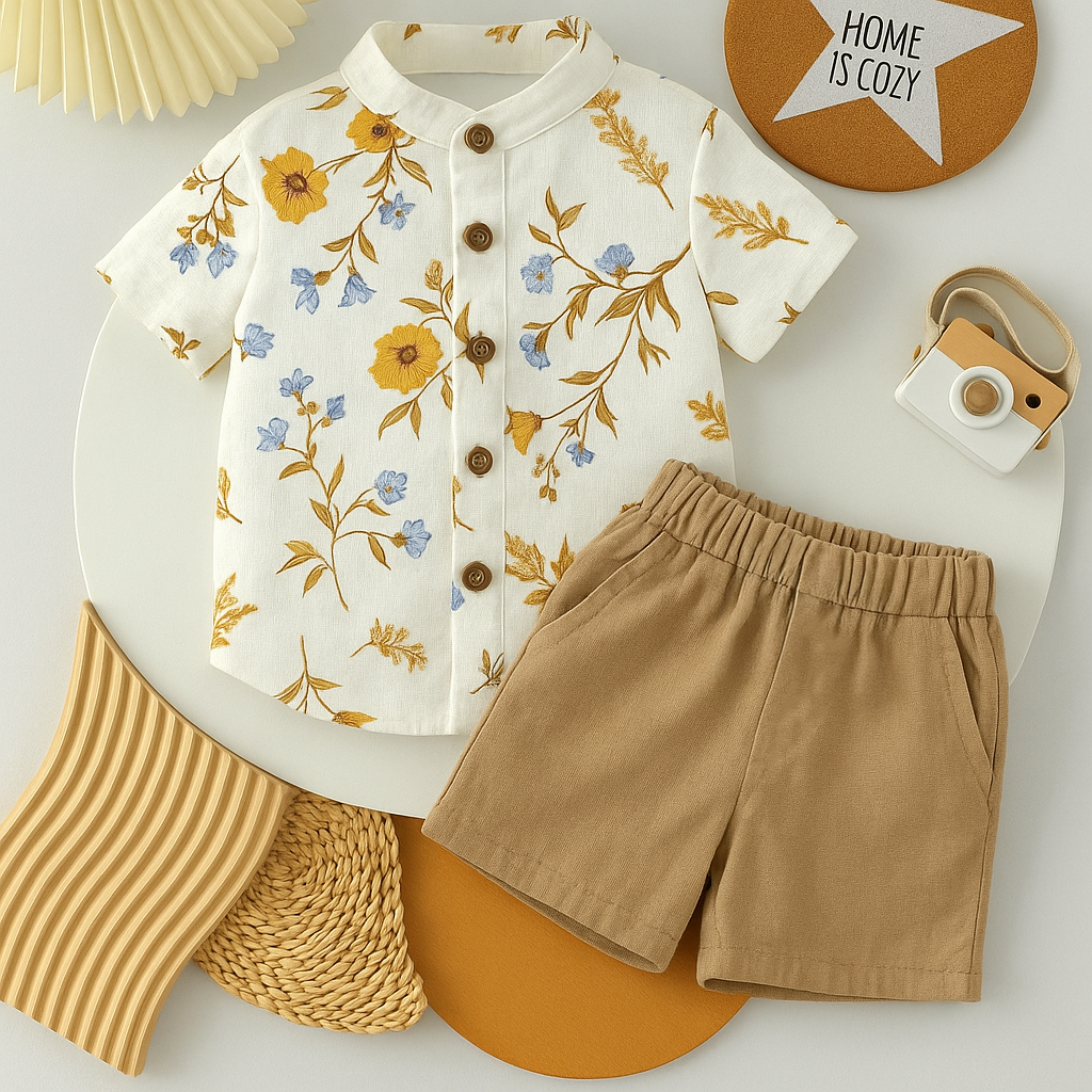 Ensemble chemise fleurie et short crème pour garçon – Léger et élégant