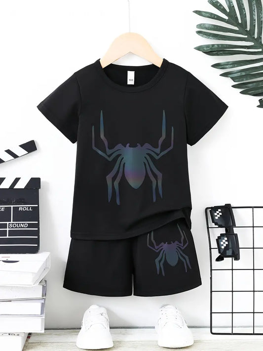 "Arachno-Style Adventure: 2-Piece Spider Graphic Tee & Shorts Set for Boys - Perfect for a Cool and Comfy Summer Look!"