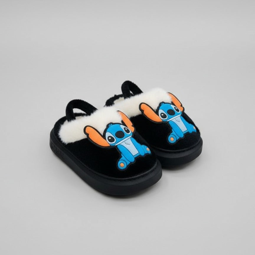 Kids plush cartoon fleece-lined slippers with heel strap — Product image:
